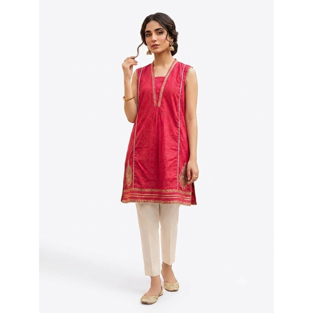 ⁠Maria B Girls 12-14 Red Embroidered Pakistani Designer Kurti Top⁠